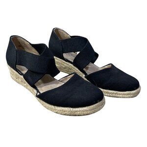 LifeStride Keaton Canvas Slip On Wedge Heels Size 8 Espadrille Black Cross Strap